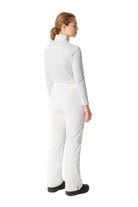Rear view of super white Descente Women's Insulated Pants featuring 4-way stretch Dermizax fabric, S.I.O ergonomic articulation, adjustable waist tabs, and reinforced Cordura edge guards.