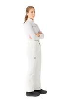Side view of super white Descente Women's Insulated Pants featuring 4-way stretch Dermizax fabric, S.I.O ergonomic articulation, adjustable waist tabs, and reinforced Cordura edge guards.