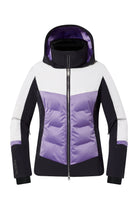 A purple, white, and black Descente Women's Iriss Ski Jacket that is made from a premium technical fabric which offers 20K waterproofing and breathability, 4-way stretch, and a sleek, flattering silhouette.