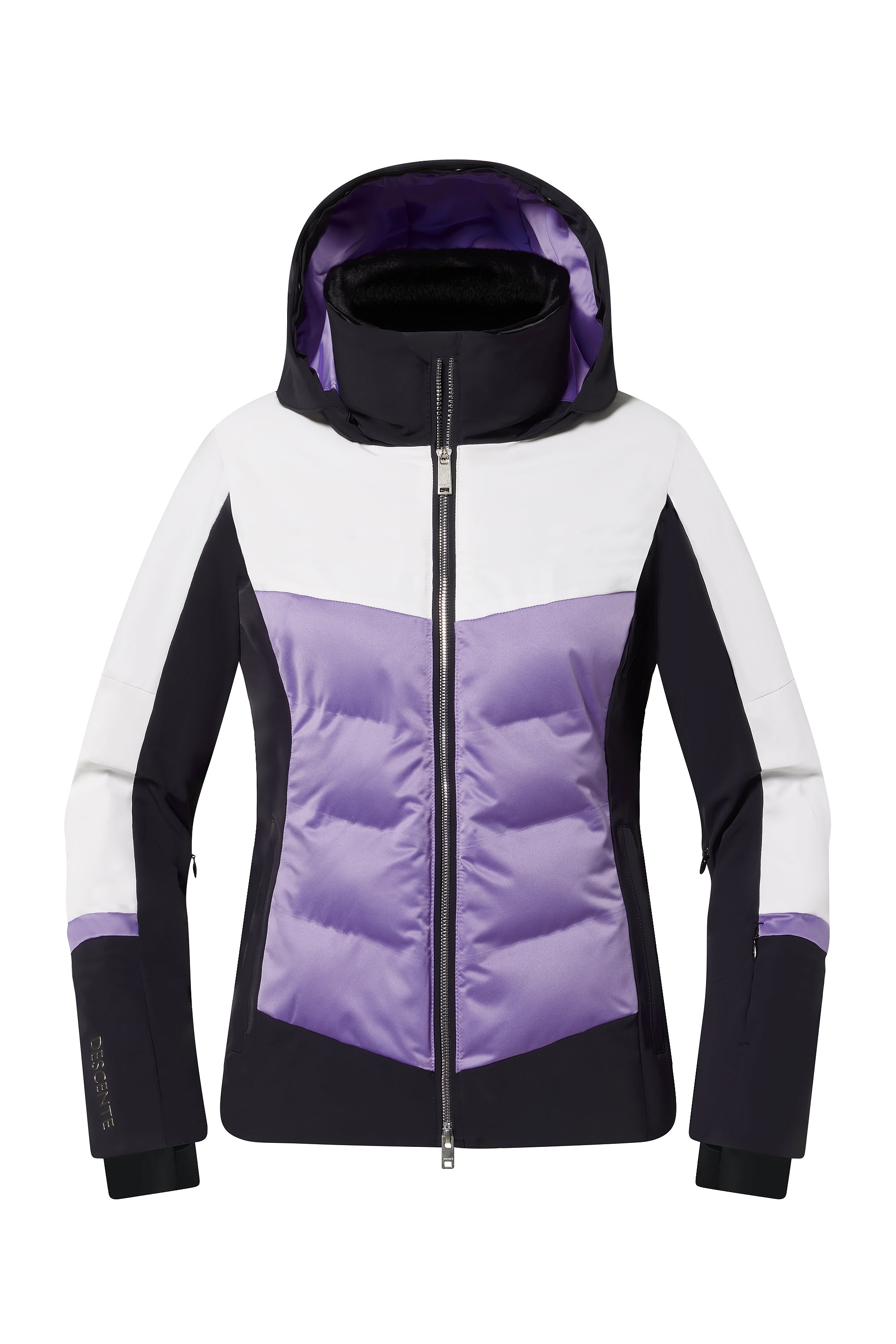 A purple, white, and black Descente Women's Iriss Ski Jacket that is made from a premium technical fabric which offers 20K waterproofing and breathability, 4-way stretch, and a sleek, flattering silhouette.