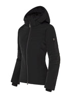 A black Descente Women's Mosalia Jacket that features a 20K waterproof and 20K breathable membrane, a premium 4-way stretch technical fabric, and a flattering form-fitting silhouette.