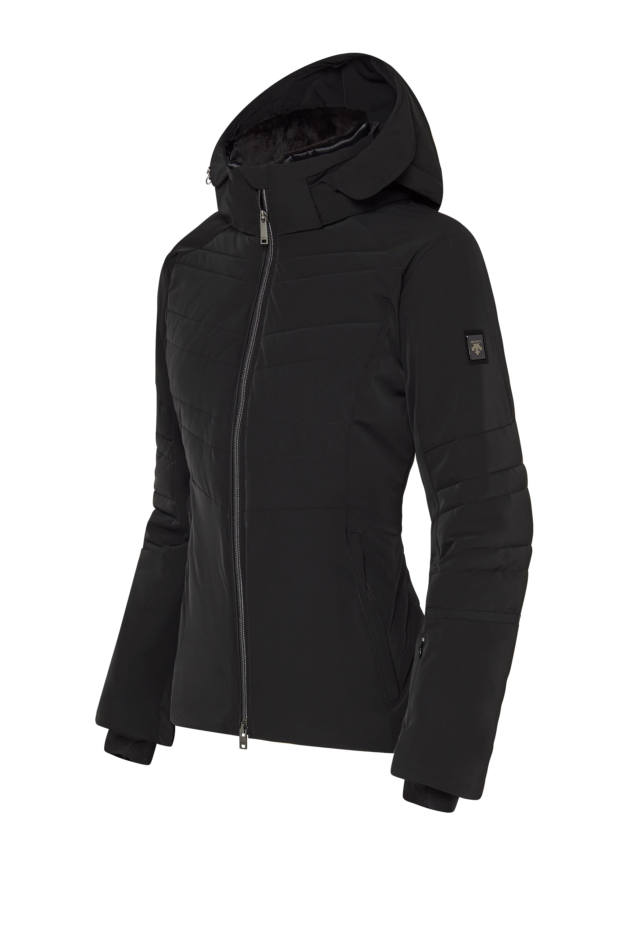 A black Descente Women's Mosalia Jacket that features a 20K waterproof and 20K breathable membrane, a premium 4-way stretch technical fabric, and a flattering form-fitting silhouette.