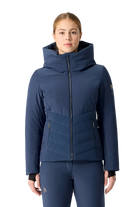 Front view of a mountain navy Descente Women's Puff Jacket featuring 4-way stretch Dermizax fabric, high-loft baffled insulation, S.I.O pattern construction, and underarm zip ventilation.