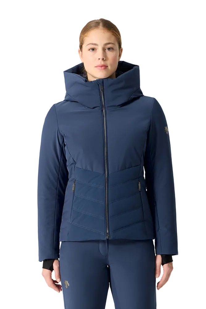 Front view of a mountain navy Descente Women's Puff Jacket featuring 4-way stretch Dermizax fabric, high-loft baffled insulation, S.I.O pattern construction, and underarm zip ventilation.