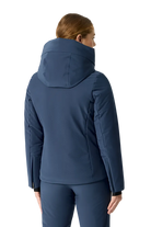 Rear view of a mountain navy Descente Women's Puff Jacket featuring 4-way stretch Dermizax fabric, high-loft baffled insulation, S.I.O pattern construction, and underarm zip ventilation.