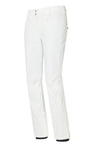A pair of white Descente Women’s Selene Pants that are made from premium technical fabric that includes 20K waterproofing and breathability, 4-way stretch, and a sleek, flattering silhouette.