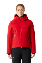 Front view of an electric red Descente Women's Shirring Jacket featuring 4-way stretch Dermizax fabric, side-panel shirring gather construction, underarm ventilation zips, and cuff zippers with Lycra gaiters.