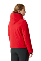 Rear view of an electric red Descente Women's Shirring Jacket featuring 4-way stretch Dermizax fabric, side-panel shirring gather construction, underarm ventilation zips, and cuff zippers with Lycra gaiters.