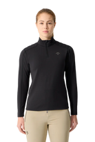 Front view of a black Descente Women's Shoulder Quilt Turtleneck Sweater featuring Heat Navi technical stretch knit fabric, high-neck turtleneck silhouette, quilted shoulder padding, and flatlock seam construction.