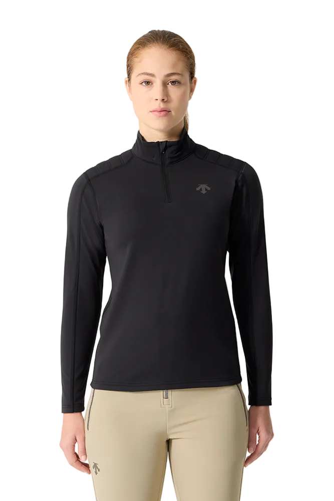 Front view of a black Descente Women's Shoulder Quilt Turtleneck Sweater featuring Heat Navi technical stretch knit fabric, high-neck turtleneck silhouette, quilted shoulder padding, and flatlock seam construction.