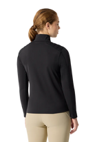 Rear view of a black Descente Women's Shoulder Quilt Turtleneck Sweater featuring Heat Navi technical stretch knit fabric, high-neck turtleneck silhouette, quilted shoulder padding, and flatlock seam construction.