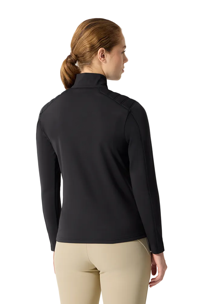 Rear view of a black Descente Women's Shoulder Quilt Turtleneck Sweater featuring Heat Navi technical stretch knit fabric, high-neck turtleneck silhouette, quilted shoulder padding, and flatlock seam construction.