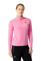 Front view of a light pink Descente Women's Shoulder Quilt Turtleneck Sweater featuring Heat Navi technical stretch knit fabric, high-neck turtleneck silhouette, quilted shoulder padding, and flatlock seam construction.
