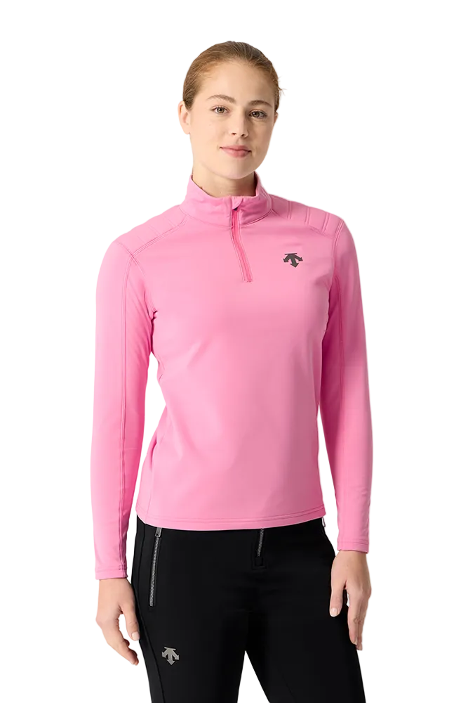 Front view of a light pink Descente Women's Shoulder Quilt Turtleneck Sweater featuring Heat Navi technical stretch knit fabric, high-neck turtleneck silhouette, quilted shoulder padding, and flatlock seam construction.
