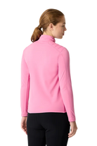 Rear view of a light pink Descente Women's Shoulder Quilt Turtleneck Sweater featuring Heat Navi technical stretch knit fabric, high-neck turtleneck silhouette, quilted shoulder padding, and flatlock seam construction.