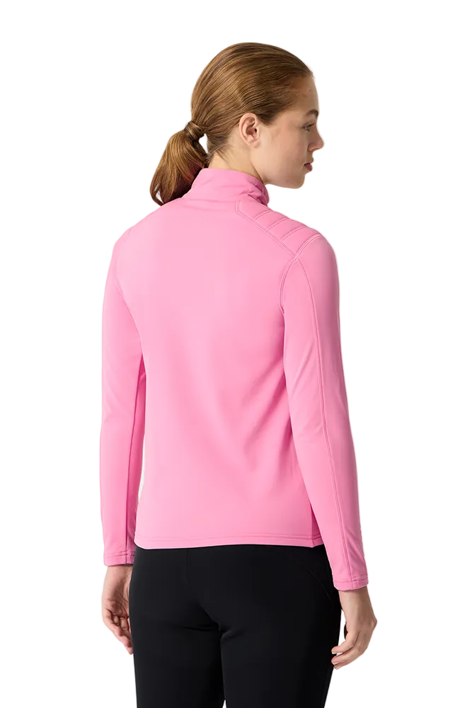 Rear view of a light pink Descente Women's Shoulder Quilt Turtleneck Sweater featuring Heat Navi technical stretch knit fabric, high-neck turtleneck silhouette, quilted shoulder padding, and flatlock seam construction.