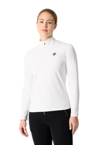 Front view of a super white Descente Women's Shoulder Quilt Turtleneck Sweater featuring Heat Navi technical stretch knit fabric, high-neck turtleneck silhouette, quilted shoulder padding, and flatlock seam construction.