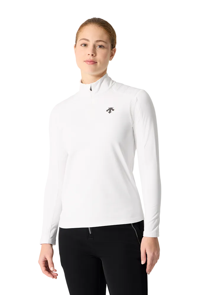 Front view of a super white Descente Women's Shoulder Quilt Turtleneck Sweater featuring Heat Navi technical stretch knit fabric, high-neck turtleneck silhouette, quilted shoulder padding, and flatlock seam construction.