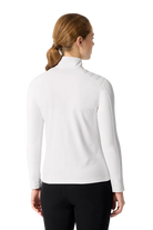 Rear view of a super white Descente Women's Shoulder Quilt Turtleneck Sweater featuring Heat Navi technical stretch knit fabric, high-neck turtleneck silhouette, quilted shoulder padding, and flatlock seam construction.