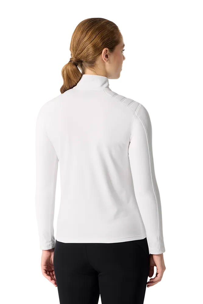 Rear view of a super white Descente Women's Shoulder Quilt Turtleneck Sweater featuring Heat Navi technical stretch knit fabric, high-neck turtleneck silhouette, quilted shoulder padding, and flatlock seam construction.