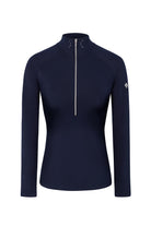 A navy Descente Women’s Sylvia T-Neck sweater that is made from a premium 4-way stretch technical fabric.