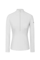 A white Descente Women’s Sylvia T-Neck sweater that is made from a premium 4-way stretch technical fabric.