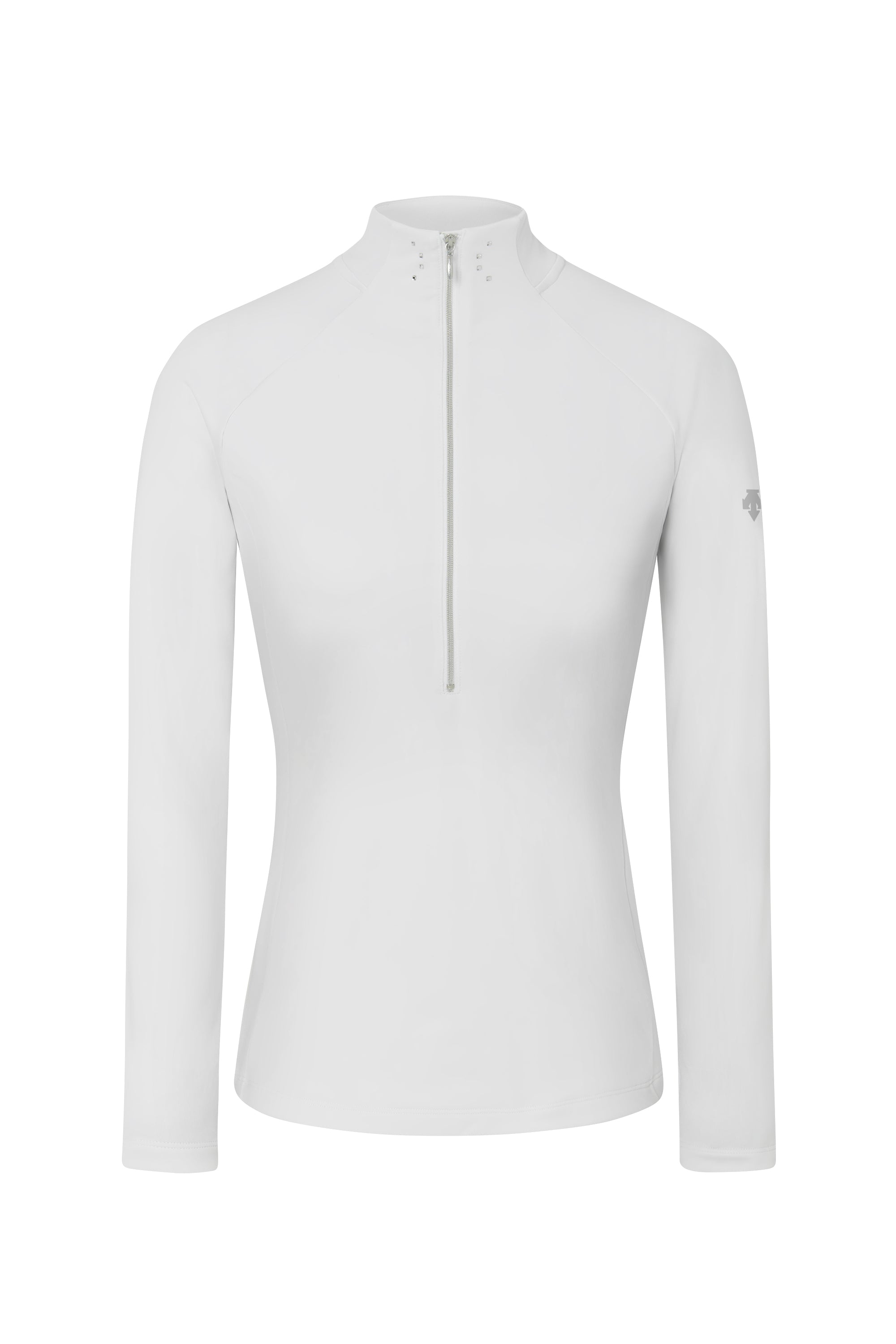 A white Descente Women’s Sylvia T-Neck sweater that is made from a premium 4-way stretch technical fabric.