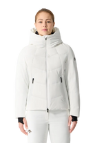 Front view of a super white Descente Women's Welded Down Jacket featuring 4-way stretch Dermizax fabric, stitchless welded down baffles, Dual Zip front ventilation system, and removable inner collar.