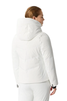 Rear view of a super white Descente Women's Welded Down Jacket featuring 4-way stretch Dermizax fabric, stitchless welded down baffles, Dual Zip front ventilation system, and removable inner collar.
