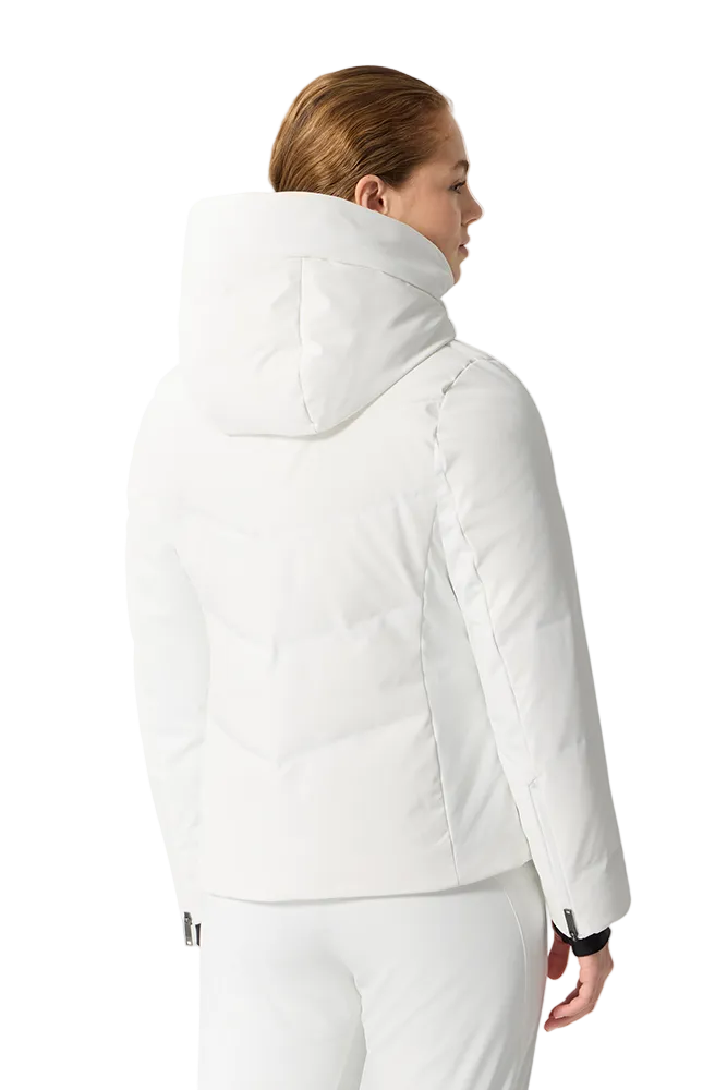 Rear view of a super white Descente Women's Welded Down Jacket featuring 4-way stretch Dermizax fabric, stitchless welded down baffles, Dual Zip front ventilation system, and removable inner collar.