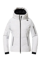 A white Descente Women's Welded Down Ski Jacket that features a 20K waterproof and 20K breathable membrane, a premium 4-way stretch technical fabric, and a flattering silhouette.