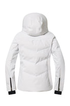 A white Descente Women's Welded Down Ski Jacket that features a 20K waterproof and 20K breathable membrane, a premium 4-way stretch technical fabric, and a flattering silhouette.