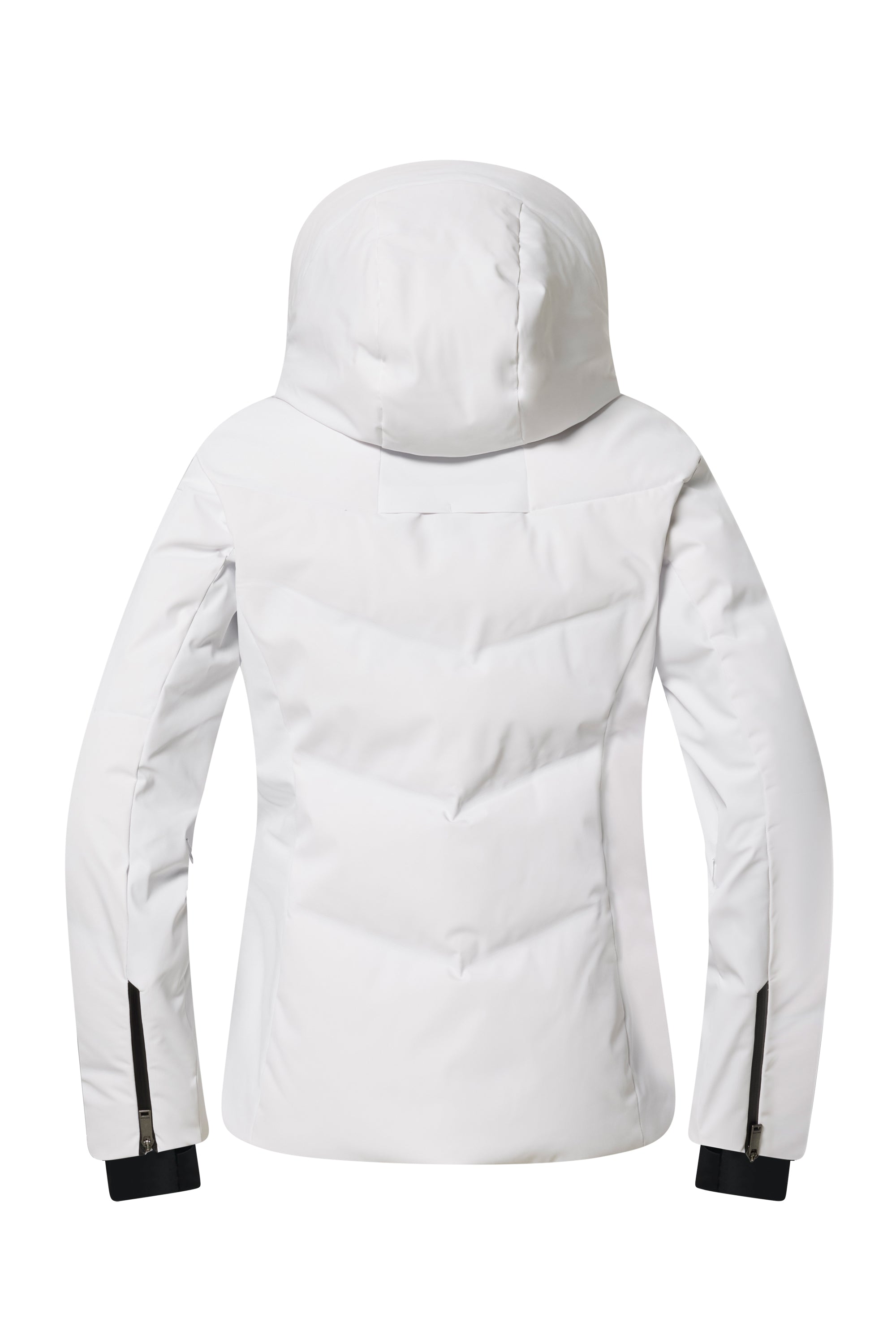 A white Descente Women's Welded Down Ski Jacket that features a 20K waterproof and 20K breathable membrane, a premium 4-way stretch technical fabric, and a flattering silhouette.