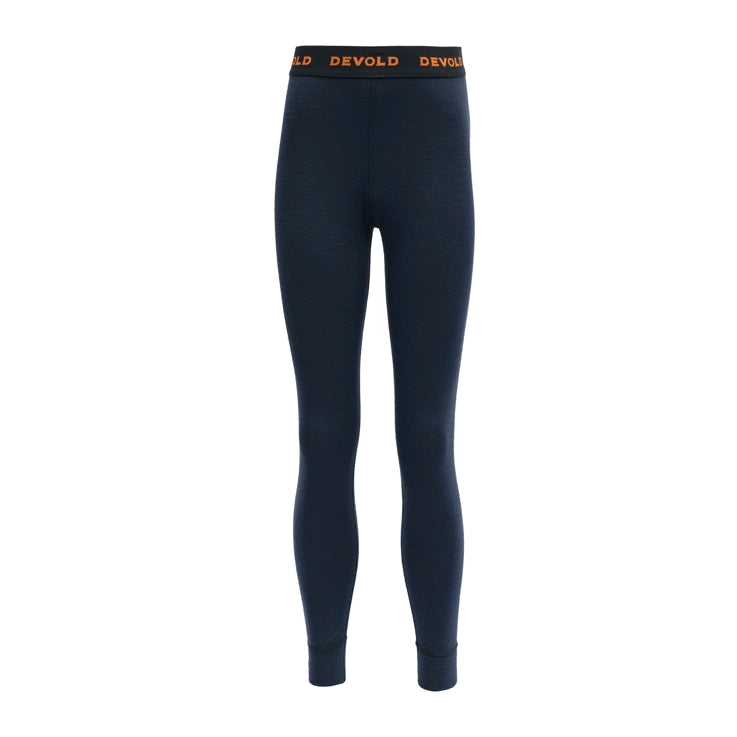 A pair of navy kids' Devold Duo Active Merino Jr Long Johns that feature moisture-wicking fabric and lightweight warmth.