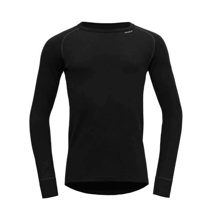 A black Devold Expedition Merino 235 Men’s Shirt that is made from moisture-wicking, lightweight, and warm merino wool.