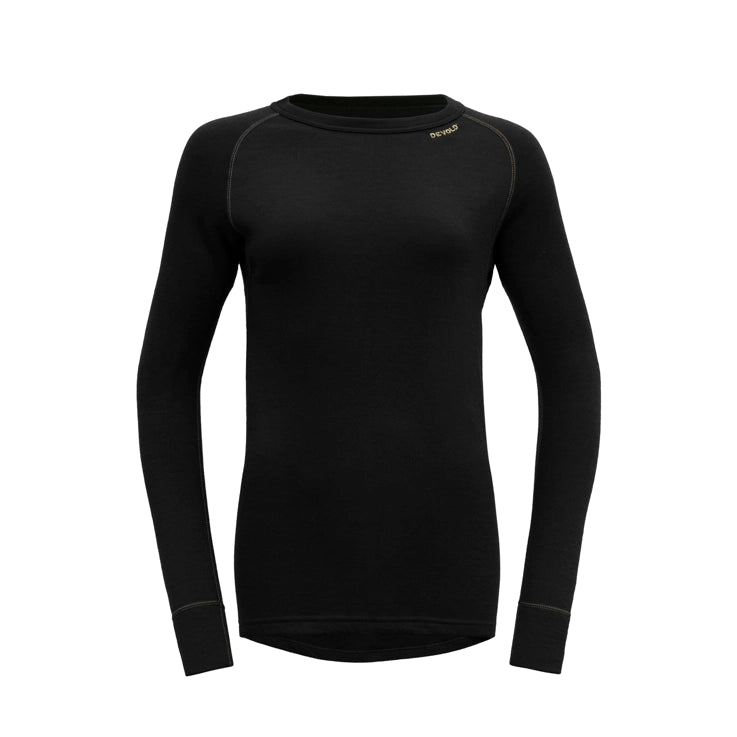 A black Devold Women’s Expedition Merino 235 Shirt made from premium moisture-wicking, lightweight, and warm merino wool.