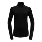 A black Devold Women's Expedition Merino 235 T-Neck Baselayer that is made from moisture-wicking, lightweight, and warm merino wool.