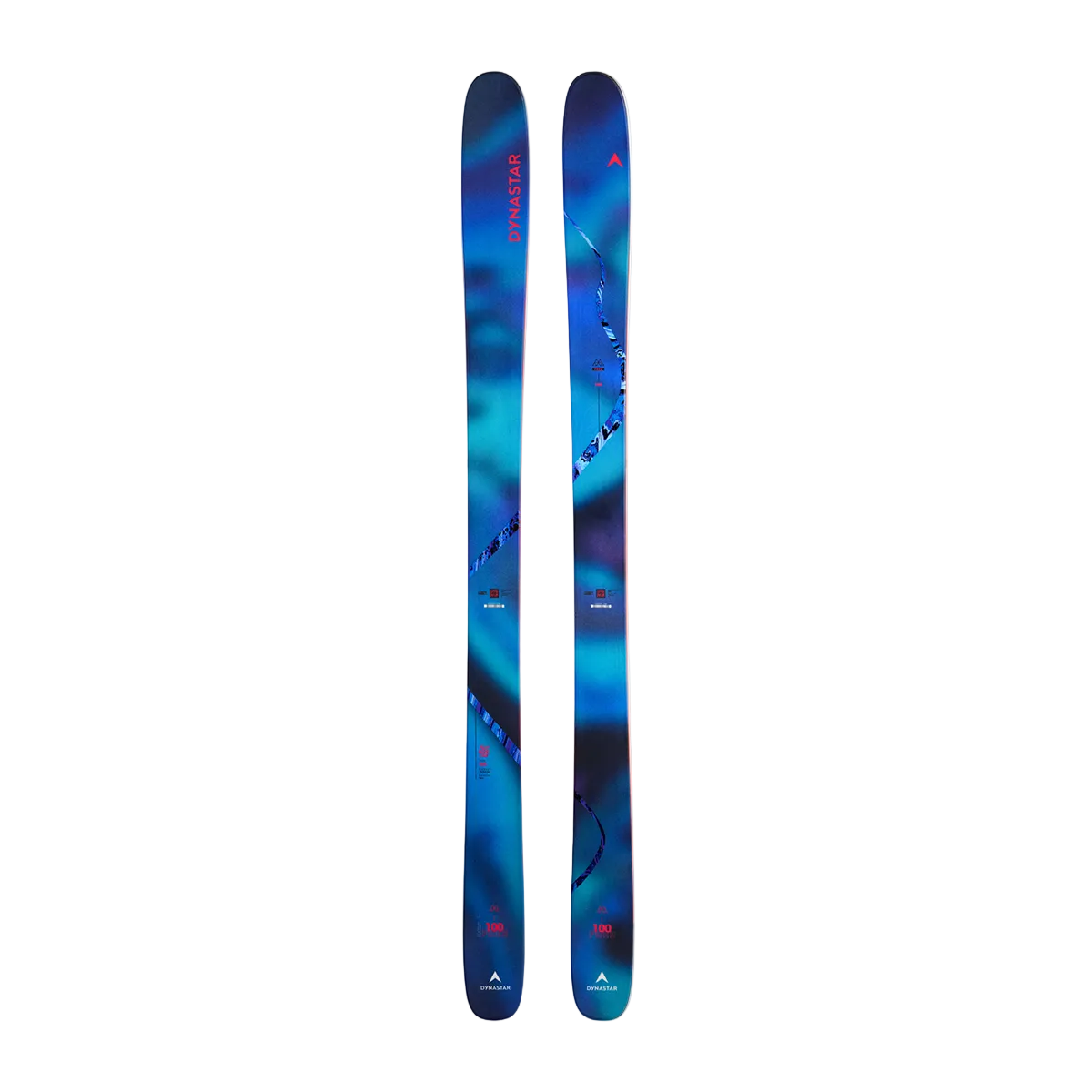 A pair of 2027 Dynastar M-Free 100 ski featuring a 100mm waist width, progressive tip and tail twin-rocker, camber underfoot, and Hybrid Core construction blending poplar wood with polyurethane, as well as full sidewall sandwich construction, fiberglass reinforcements, and a directional sidecut with a tapered tip and tail geometry.