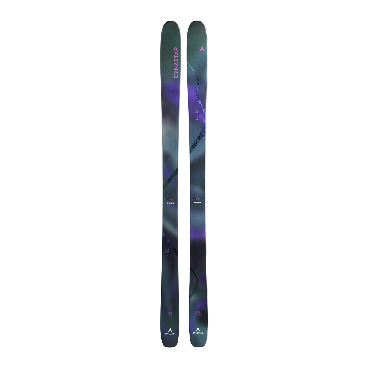 A 2027 Dynastar M-Free 94 ski featuring a progressive twin-rocker profile with camber underfoot, a 94mm waist width, and a Hybrid Core 2.0 construction blending poplar wood and polyurethane. The design highlights full sidewall sandwich construction, a directional sidecut with a tapered tip and tail, and integrated fiberglass reinforcements.
