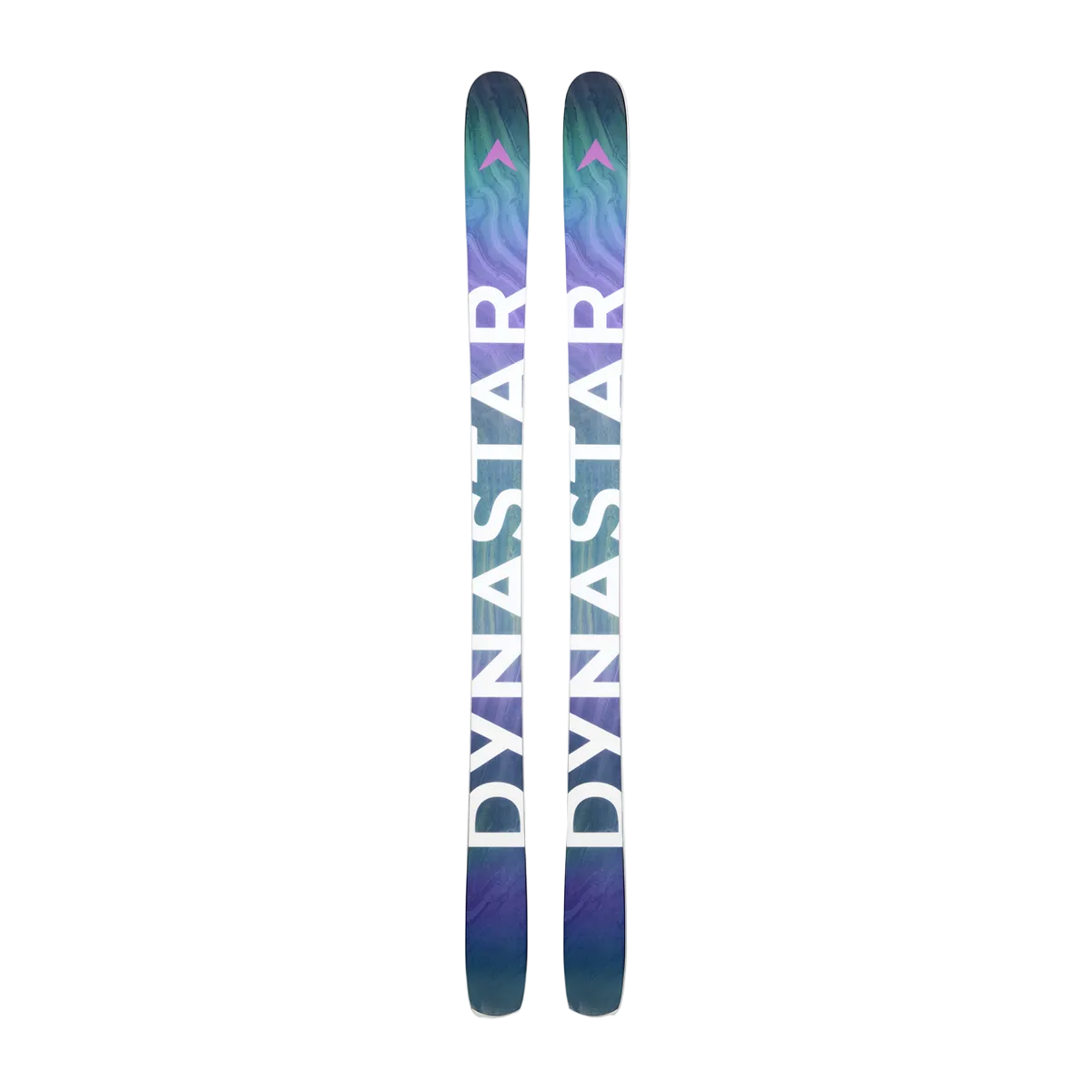 A 2027 Dynastar M-Free 94 ski featuring a progressive twin-rocker profile with camber underfoot, a 94mm waist width, and a Hybrid Core 2.0 construction blending poplar wood and polyurethane. The design highlights full sidewall sandwich construction, a directional sidecut with a tapered tip and tail, and integrated fiberglass reinforcements.