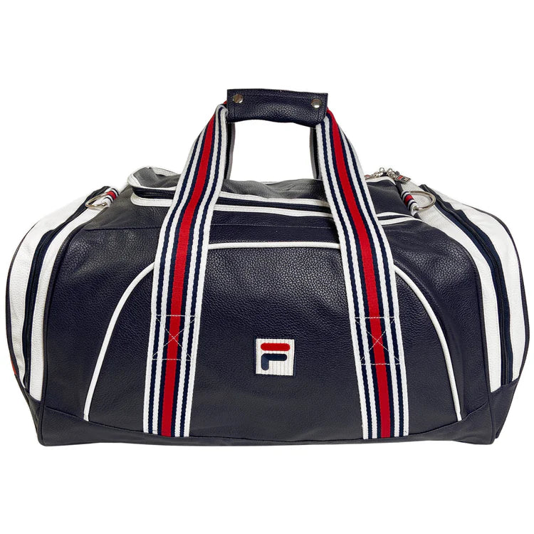 FILA Striker Duffle Bag featuring a spacious main compartment, multiple storage pockets, durable construction, and comfortable carrying options.