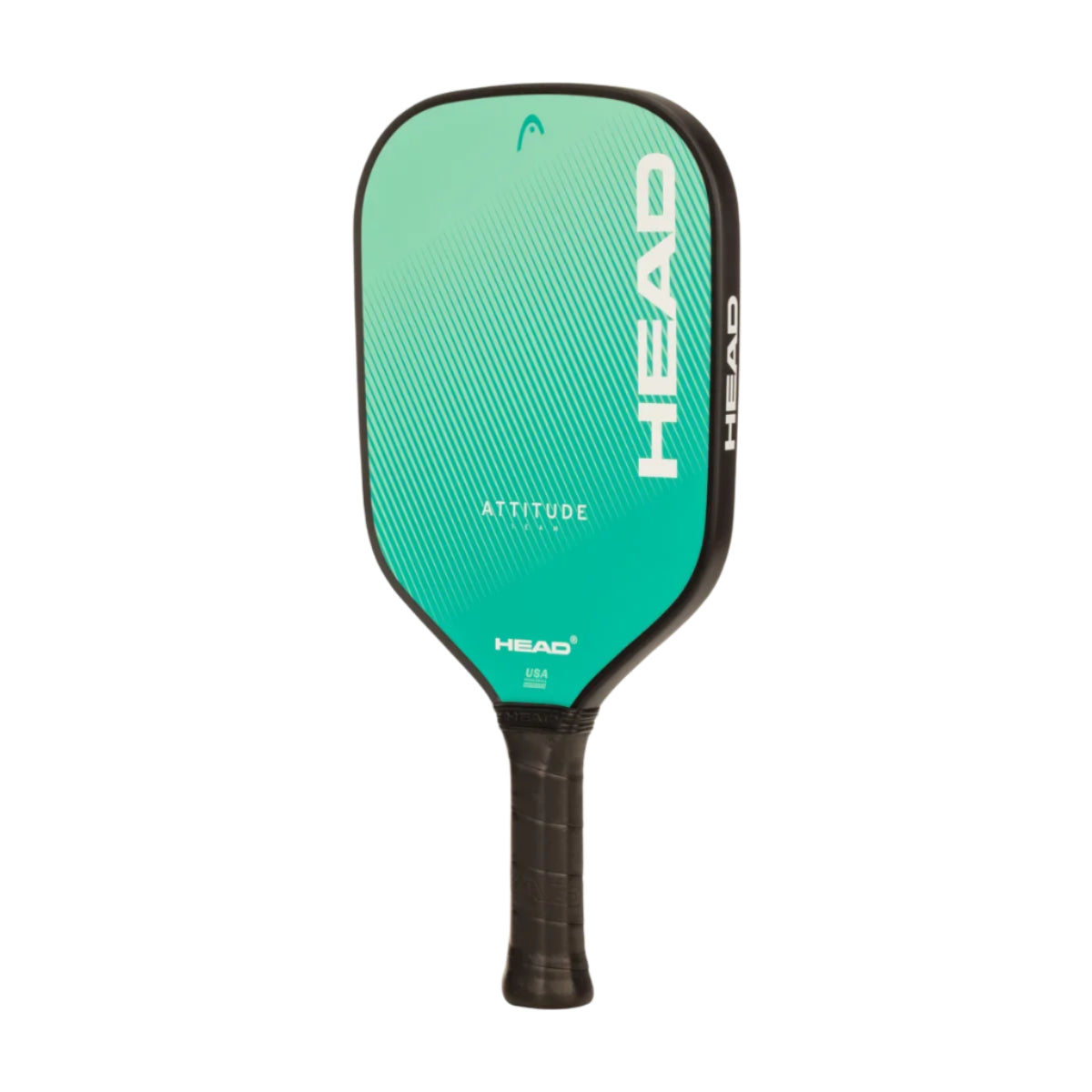 A green and black HEAD Attitude TEAM pickleball paddle with a textured grip and fiberglass construction.