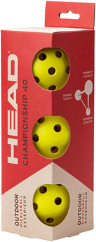 Box of yellow HEAD Championship 40 outdoor pickleballs with red and beige packaging.