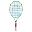 A strung HEAD Coco Junior 21 tennis racket with a green frame, white grip, and pink accents, designed for children.