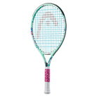 A strung HEAD Coco Junior 21 tennis racket with a green frame, white grip, and pink accents, designed for children.