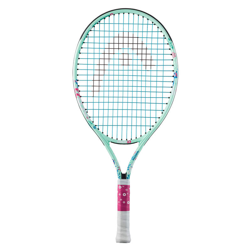 A strung HEAD Coco Junior tennis racket with a colorful design, featuring a predominantly green color with blue and white accents, and comes with stickers