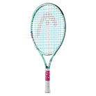 A strung HEAD Coco Junior tennis racket with a colorful design, featuring a predominantly green color with blue and white accents, and comes with stickers