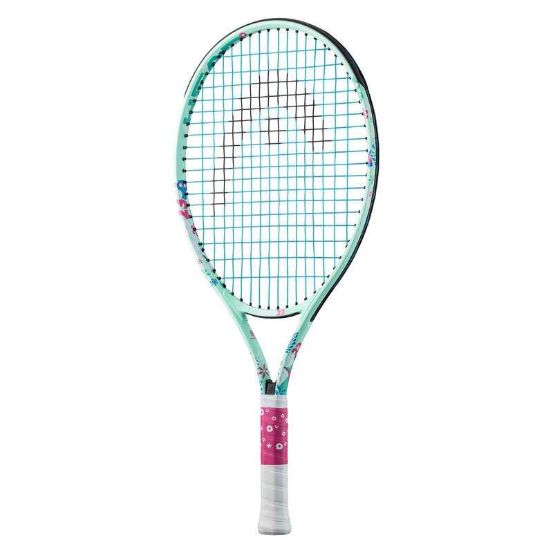 A strung HEAD Coco Junior tennis racket with a colorful design, featuring a predominantly green color with blue and white accents, and comes with stickers