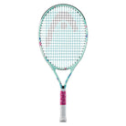 A strung HEAD Coco Junior 25 tennis racket with a colorful design, featuring a predominantly green color with white and pink accents, and the name 'COCO' prominently displayed on the frame.