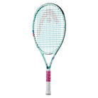 A strung HEAD Coco Junior 25 tennis racket with a colorful design, featuring a predominantly green color with white and pink accents, and the name 'COCO' prominently displayed on the frame.